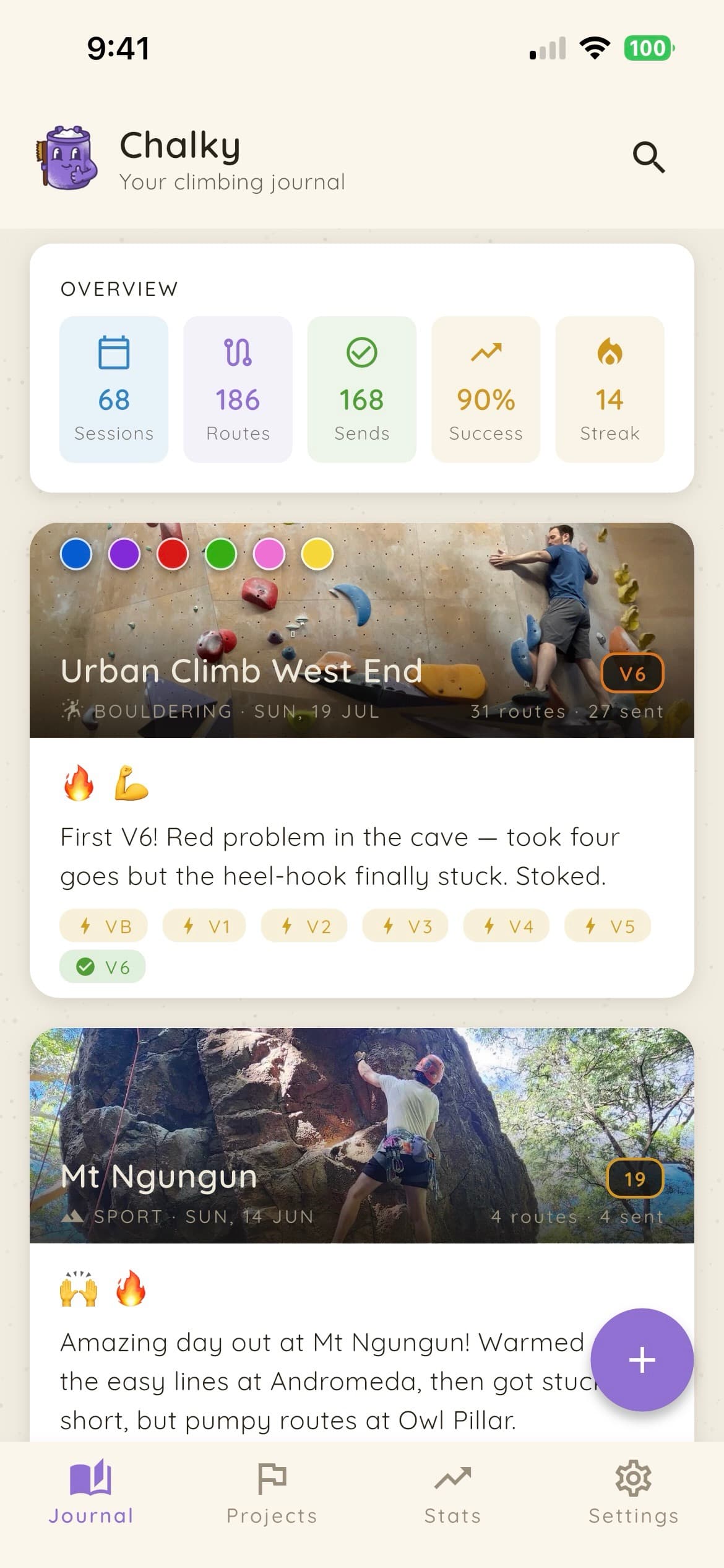 The Chalky journal screen, showing a session overview and logged climbs